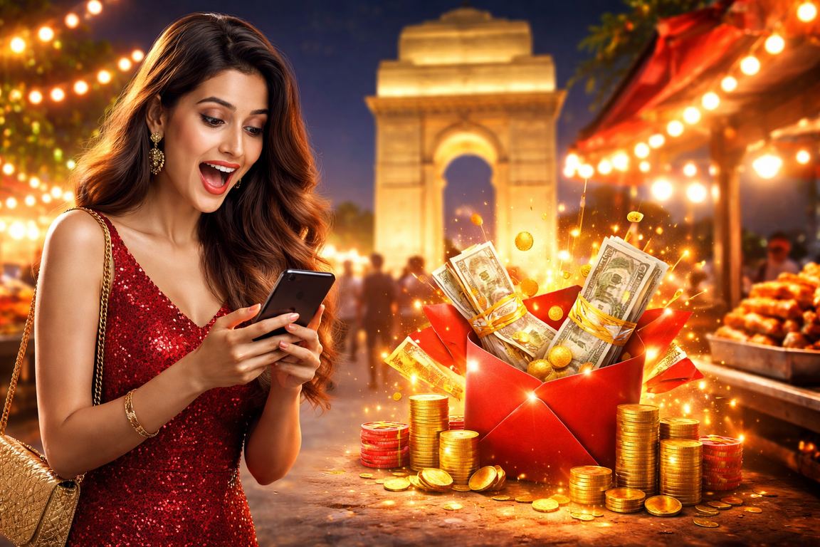 Delhi India Gate with festive red envelopes for bonus